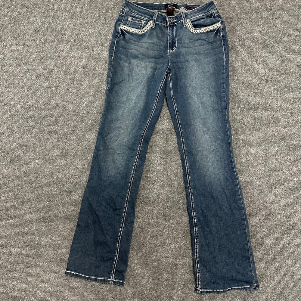 Earl Jean Jeans Womens Size 10 Blue Slim Bootcut Embellished Cross Pockets